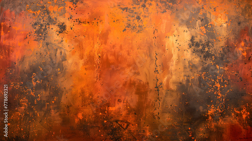 An art piece depicting a fiery landscape with shades of brown, amber, and orange