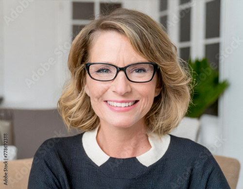 portrait of smiling friendly forty year old blonde woman wearing glasses in living room home