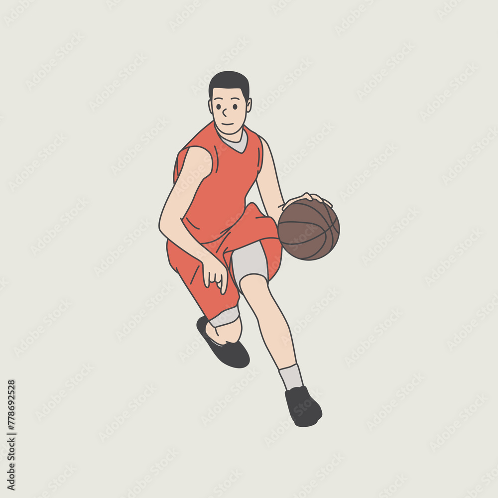 character illustration design, a male basketball player, is seen running while carrying the ball to pass the opponent. basketball player character