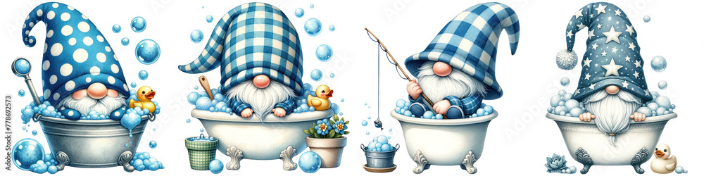 Obraz premium gnomes, bath, tub, summer, spring, watercolor, clipart, paint, cute, polka-dots, bubbles, fishing, duck, towel, relaxing, blue, white, hats, long-beard, whimsical, fantasy, art, illustration, bathtub,