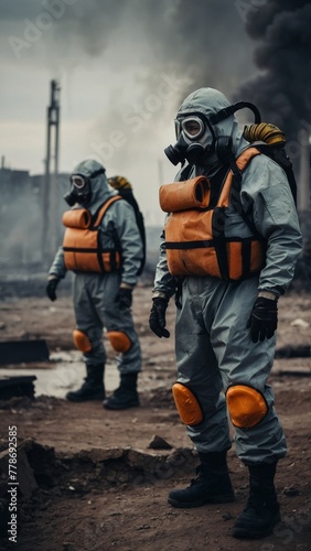 People in protective suits and gas masks against a backdrop of destroyed infrastructure