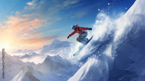One person snowboarding enjoying the winter sport and freedom  photo