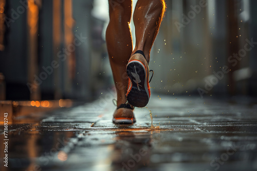 Close up of Athletes running on wet streets in the city. Focus on sneakers