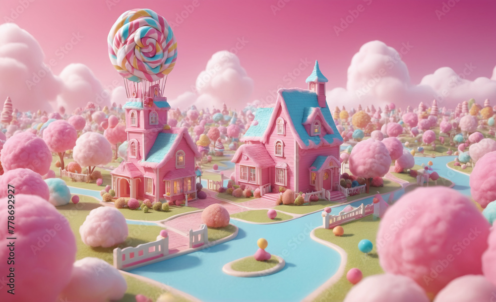 Candy fluffy land with a house in the center, with cotton candy, lollypops, pink weather, realistic, detailed , detailed Candy fluffy land with a house in the center, with cotton candy, lollypops, pink weather, realistic, detailed , detailed