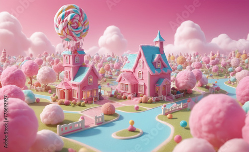 Candy fluffy land with a house in the center, with cotton candy, lollypops, pink weather, realistic, detailed , detailed