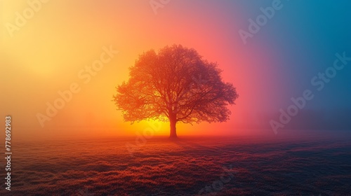 a lone tree stands in the middle of a field as the sun goes down on a foggy, hazy day. photo
