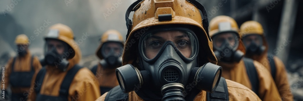 People in protective suits and gas masks against a backdrop of destroyed infrastructure People in protective suits and gas masks against a backdrop of destroyed infrastructure