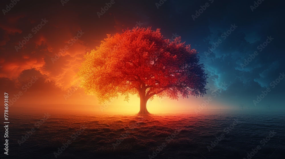 a tree in the middle of a field with a sunset in the back ground and clouds in the back ground. a tree in the middle of a field with a sunset in the back ground and clouds in the back ground.
