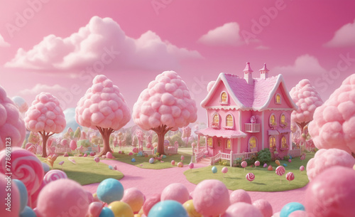 Candy fluffy land with a house in the center, with cotton candy, lollypops, pink weather, realistic, detailed , detailed