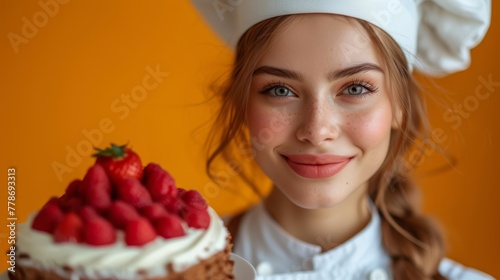 a woman in a chef s hat holding a cake with strawberries on it and smiling at the camera.