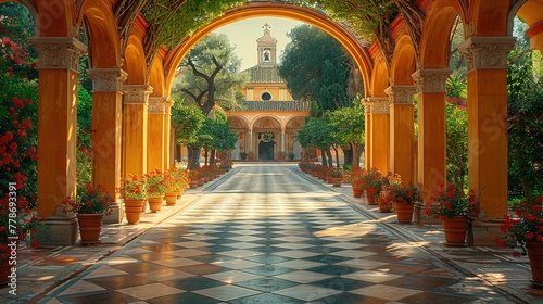 Courtyard of neoclassical style catholic church - Generative AI