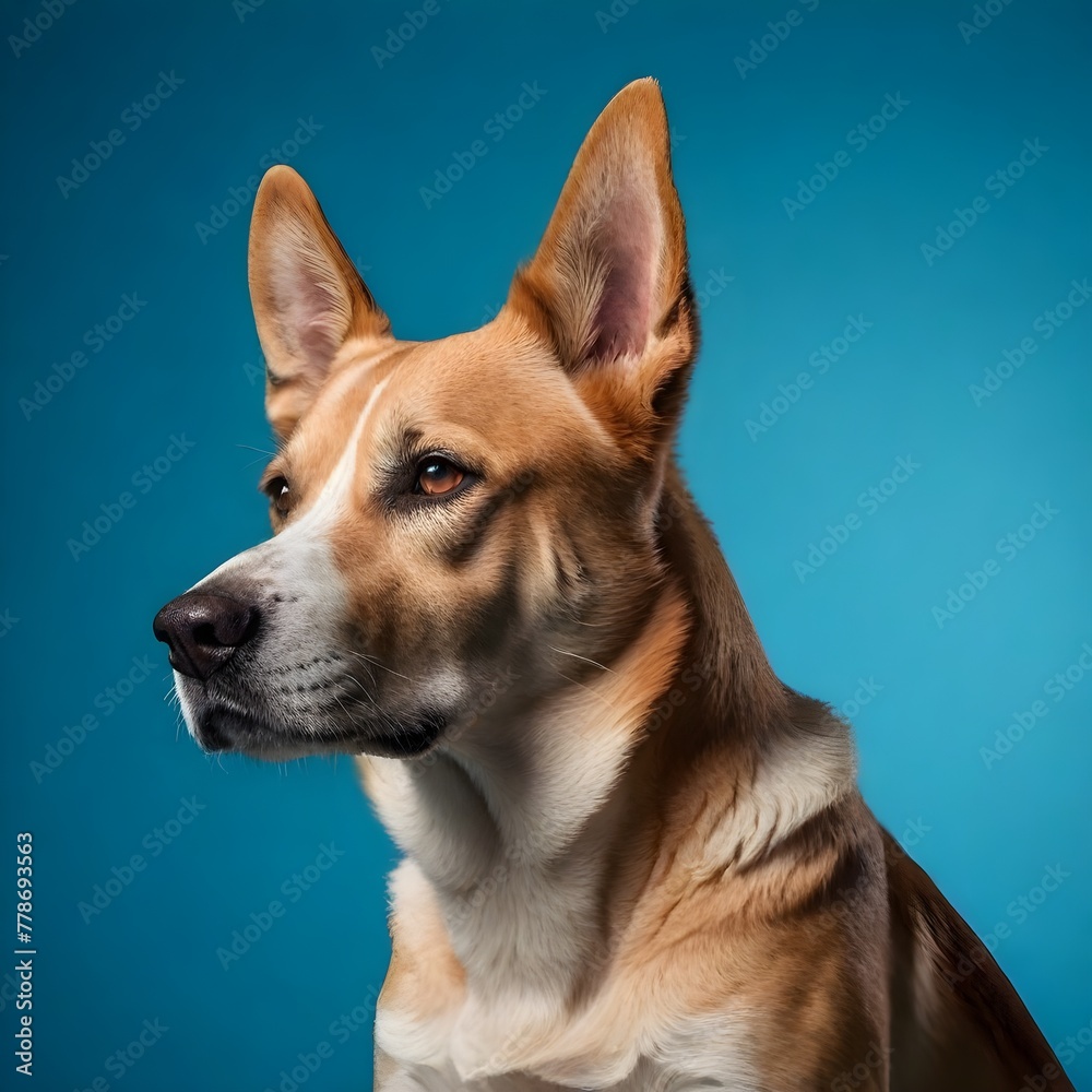  studio portrait of an American mixed breed dog on solid blue background, side view, looking to the right, Award winning photography, professional color grading, soft shadows, no contrast, clean sharp
