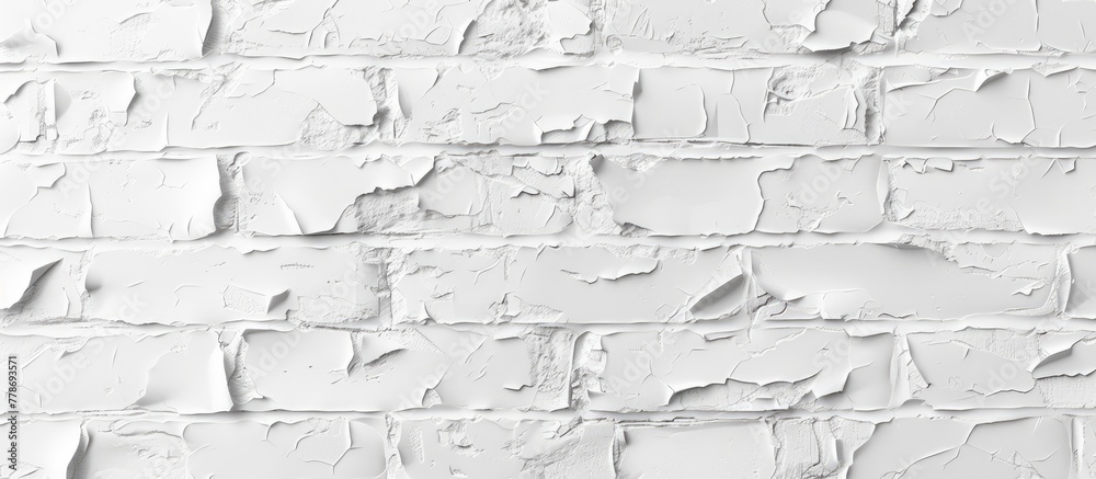 Fototapeta premium A close up of a grey brick wall with peeling paint, creating a monochrome pattern. The texture resembles wood flooring, with water dripping down the rectangular shapes