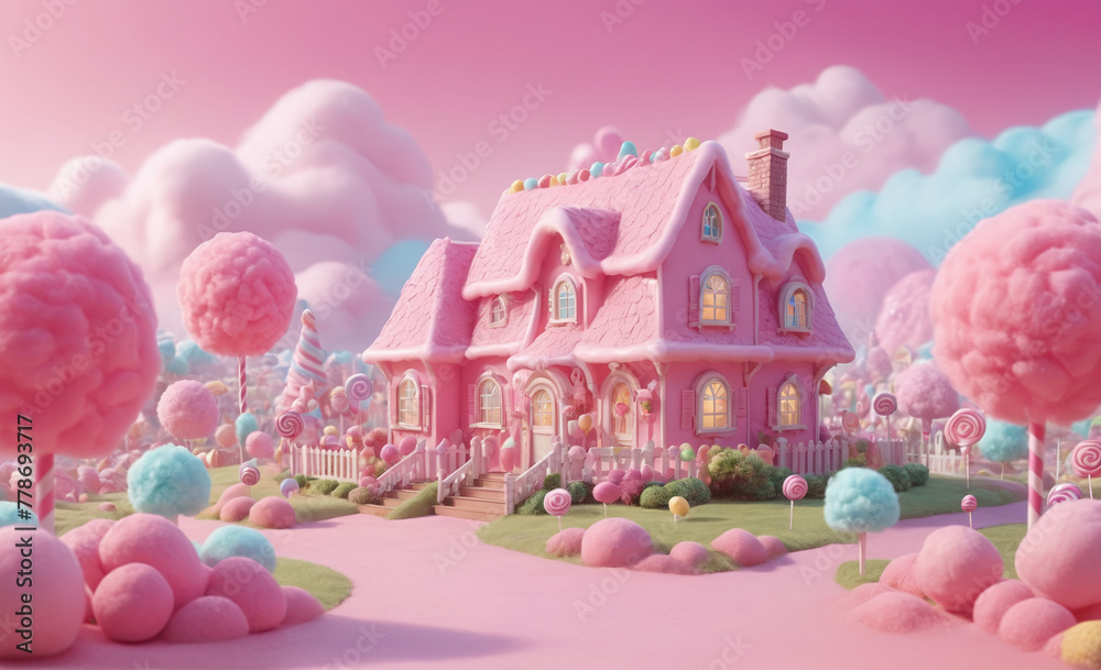 Candy fluffy land with a house in the center, with cotton candy, lollypops, pink weather, realistic, detailed , detailed Candy fluffy land with a house in the center, with cotton candy, lollypops, pink weather, realistic, detailed , detailed