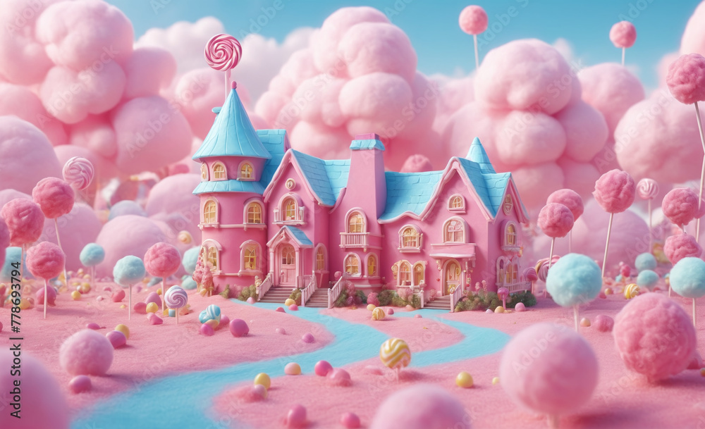 Candy fluffy land with a house in the center, with cotton candy, lollypops, pink weather, realistic, detailed , detailed Candy fluffy land with a house in the center, with cotton candy, lollypops, pink weather, realistic, detailed , detailed