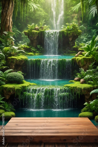 Mystical waterfall oasis with lush greenery and moss-covered wooden platform  podium product presentation backdrop