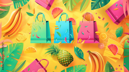 A flat vector illustration of a yellow background with many colorful paper bags