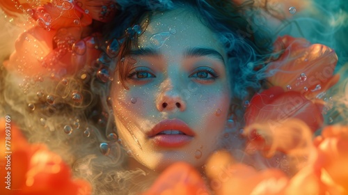 a close up of a woman's face with bubbles of water around her and her hair blowing in the wind.