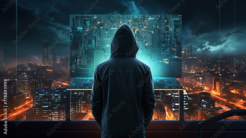 A hacker in a hoodie from a rear view. The scene is set against a backdrop of a nighttime city A hacker in a hoodie from a rear view. The scene is set against a backdrop of a nighttime city