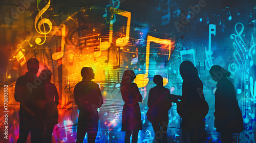 A group of individuals stand before an image with glowing musical notes and language scripts in the stencil art style photo