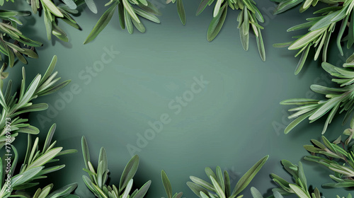 An aromatic frame of fresh rosemary herbs on a rich, dark green background creating a luxurious and natural feel