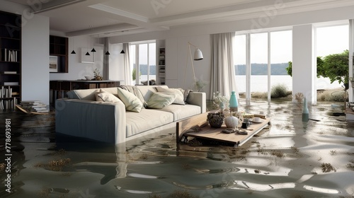 Living Room Flooded with Water Furniture Submerged and Causing Water Damage  photo