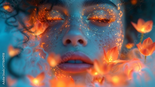 a close up of a woman's face with glowing lights on her face and orange flowers around her face.