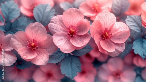 a group of pink and blue flowers with green leaves on the top and bottom of the flowers on the bottom of the picture.