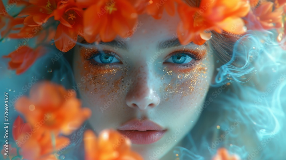 a close up of a woman with blue eyes and orange flowers on her head and her hair blowing in the wind.
