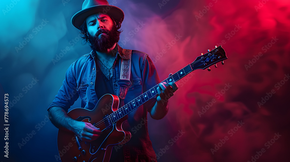 A male musician with a beard and a hat stands against a concert background