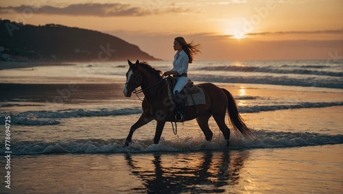 An attractive woman is horseback riding at the beach at sunset