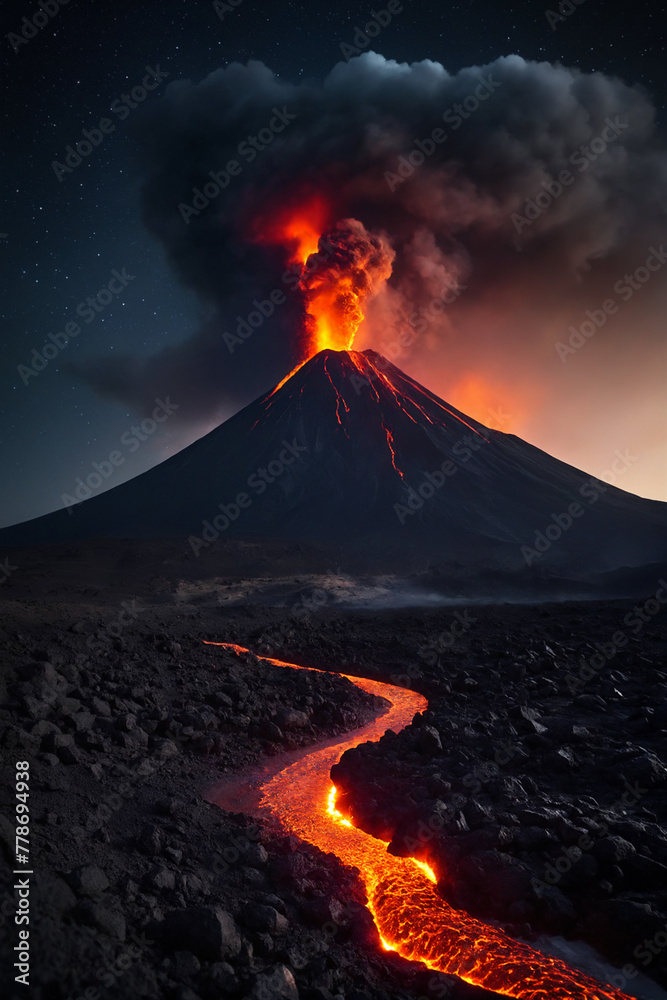 Volcano eruption with lava river flow on ground at night time