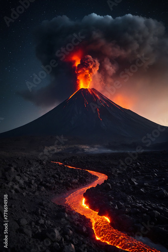 Volcano eruption with lava river flow on ground at night time