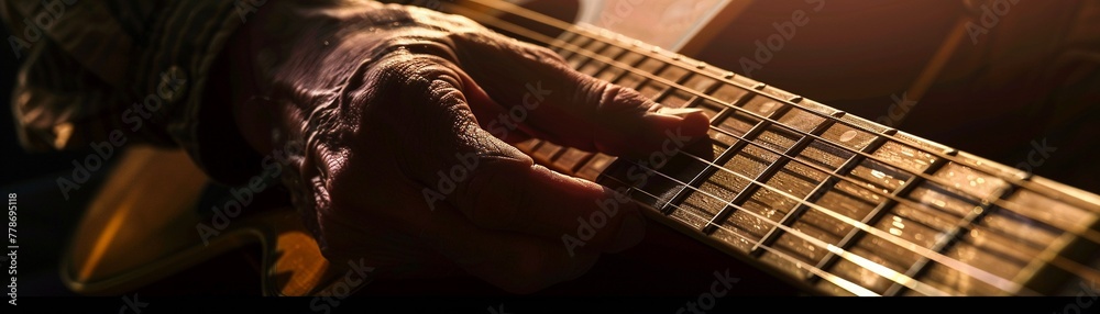 Close view, fingers on guitar for major, early morning light, high clarity Close view, fingers on guitar for major, early morning light, high clarity