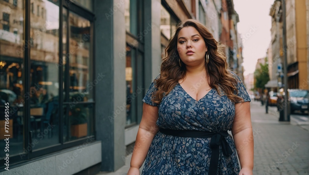 Beautiful plus size young woman outdoors - Confident chubby oversize female model strolling in the city, concepts about diversity, body acceptance and body positive