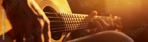 Fingering major on guitar, closeup, natural sunset glow, focused light on fingertips
