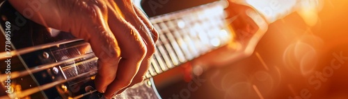 Guitarists hand on strings for major chord, bright daylight, high detail, close view photo