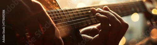 Hand forming major on guitar, close perspective, soft backlight, warm tones © Phanuwhat