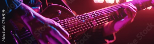 major chord being played, closeup, neon light accents on strings, night vibe photo