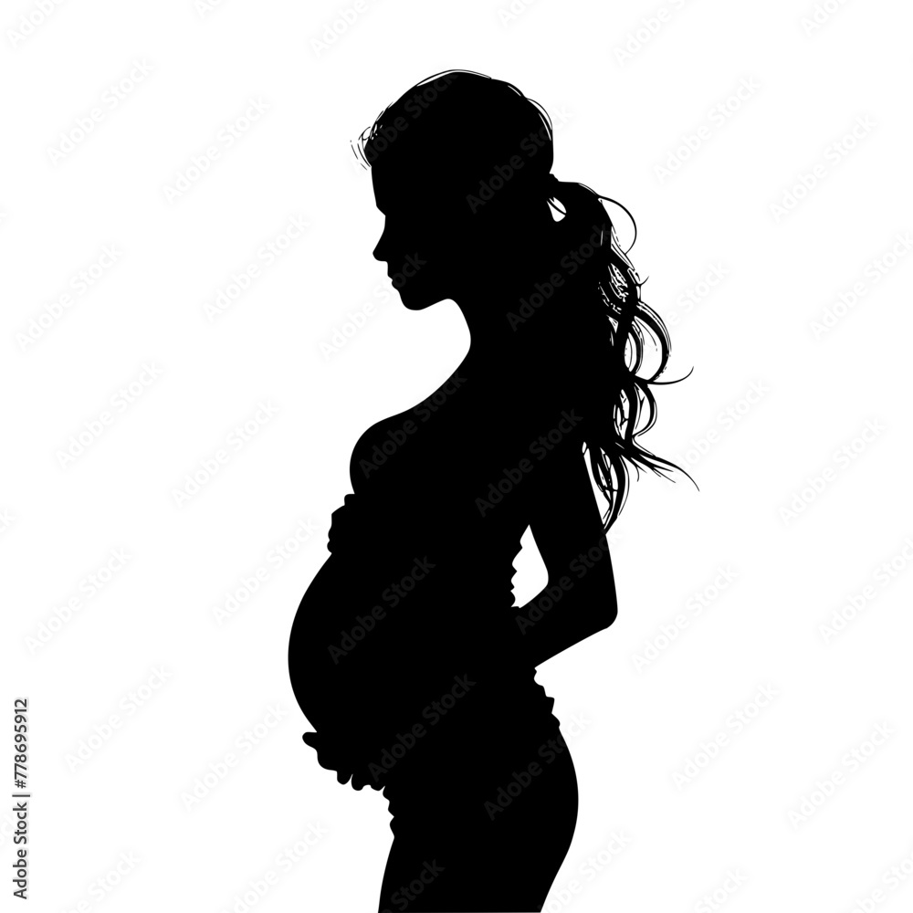 Elegant Pregnant Woman Silhouette with Long Hair , A striking silhouette of a side-profile pregnant woman, embodying calm and anticipation.
