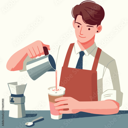 A male barista wearing an apron is mixing a cup of coffee and a coffee maker beside him, vector.