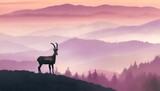 horizontal banner a chamois stands on top of hill with mountains and forest in background silhouette with pink and violet background illustration magic misty landscape