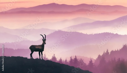 horizontal banner a chamois stands on top of hill with mountains and forest in background silhouette with pink and violet background illustration magic misty landscape © Slainie