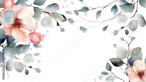 plant frames with blossoms and eycalypthus leaves isolated against white background