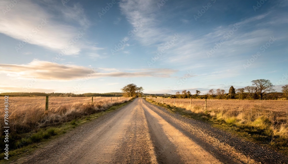 view of dirt road in countryside with blue sky