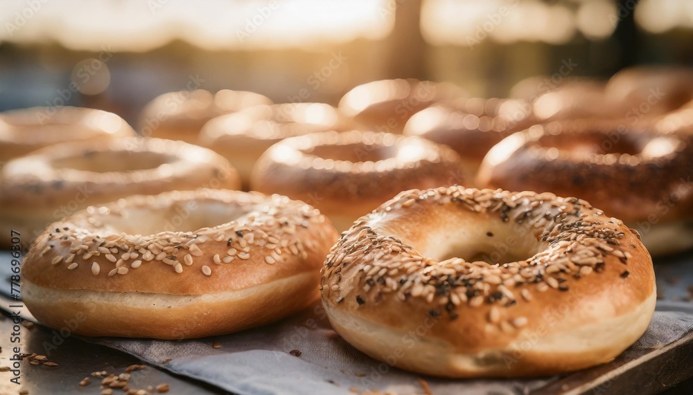 assortment of authentic fresh baked new york style bagels with seeds