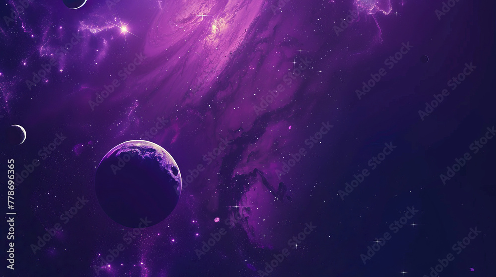 A galaxy-themed image showcasing a planet against a dynamic purple space background with stars, symbolizing the vastness of universe