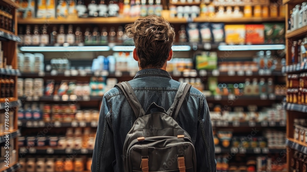 Man looking at the products on the shelf Man looking at the products on the shelf