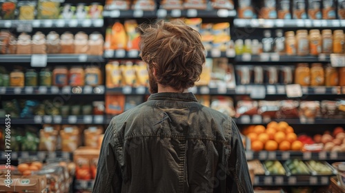 Man looking at the products on the shelf 