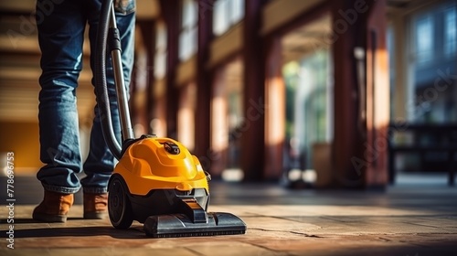 Man using modern vacuum cleaner for construction cleaning closeup shot.
